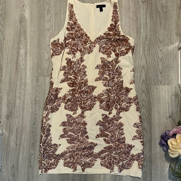 HP 9/22 ๐๐๐ EUC J.Crew cream linen & copper sequin sheath dress, size 4 - Picture 2 of 7